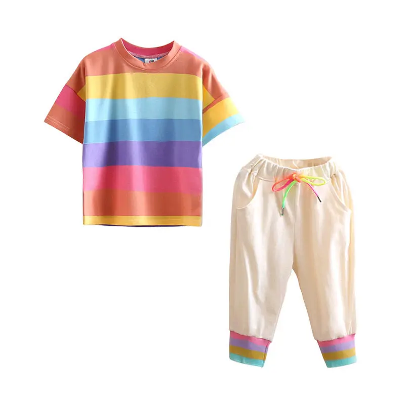 

Summer Baby Girls Boys Clothing Sets Toddler Infant Clothes Suits Cotton Rainbow T Shirt Strap Shorts 2Pcs Kids Children Costume