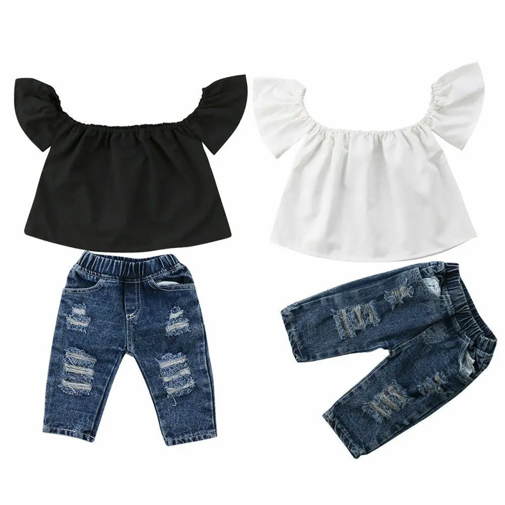 

2021 New Baby Girl Clothes Sets Solid T-Shirts Top Ripped Denim Pants Jeans 6M-4Y Kids Children Summer Fashion Casual Outfits