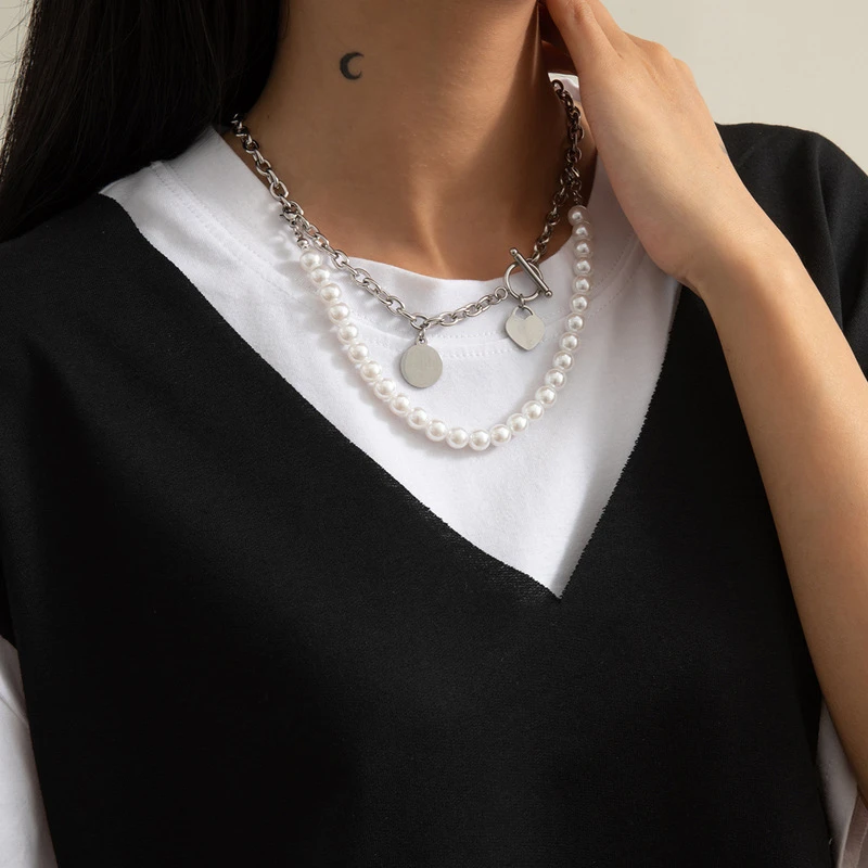 POTCET Unisex Stainless Steel Pearl Letter Heart Shaped Titanium Steel Necklace Pendant Geometric Fashion Hip Hop Party Jewelry