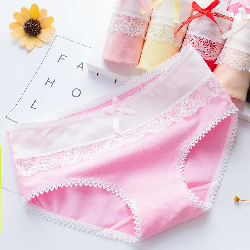 

Student Casual High Quality Women Panties Bowknot Lace Briefs Solid Color Low-rise Underpants Pure Cotton Small Fresh Underwear