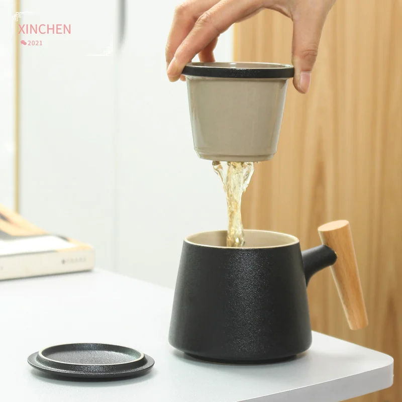 

Creative Ceramic Simple Tea Infuser Cup with Lid Cover Filter Wooden Handle Milk Coffee Juice Cup Tumbler Water Mugs Drinkware