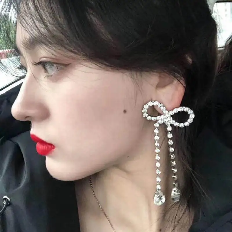 

Big Bowknot Tassel Long Drop Earrings With Stones Women New Jewelry Personality Statement Earings