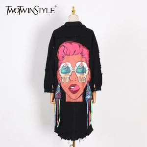 Twotwinstyle 2017 Denim Hole печать женственный Тренч Женский осень кардиган Кружева до Для женщин Ветровка Длинные Рыхлителя одежда