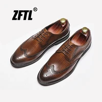 zftl new mens bullock dress shoes mens retro genuine leather formal shoes mens casual gentleman carved mens oxford shoes 162