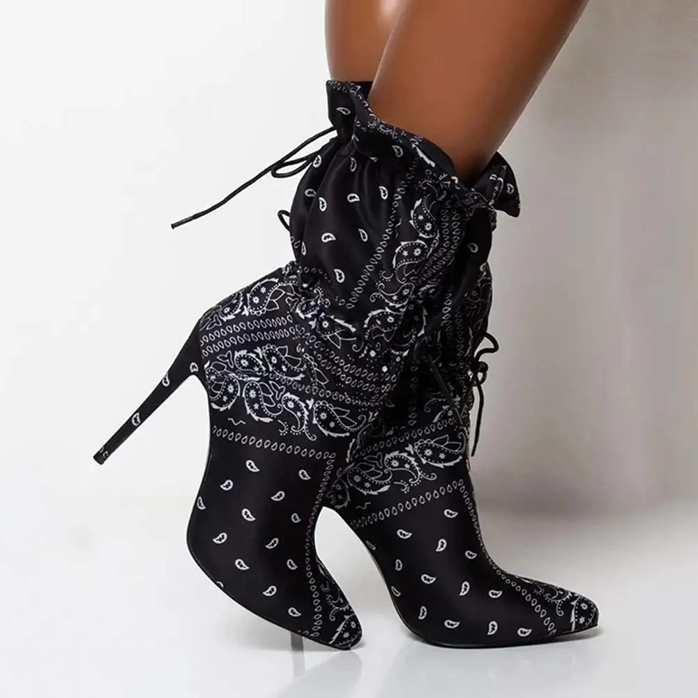 

Karinluna Wholesale New Brand Shoes Women Sexy Party slip-on Thin High Heels Pointed Mixed Color lace-up mid-calf Boots Women