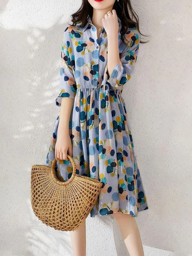 

Korean Chic Unif Print Dress Women Party Dress Boho Casual Turn-down Collar Dot Chiffon Dresses for Women Summer Sexy Clothing