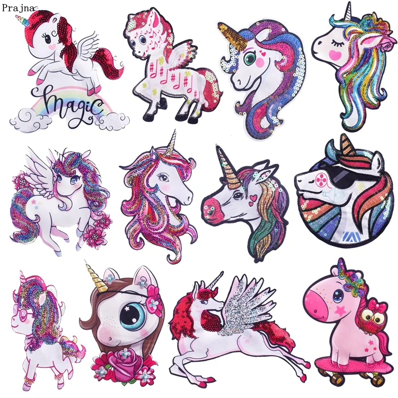 

Prajna 16 Designs Kinds Of Unicorn Patches Sew On Sequined Patches For Clothing Applique Magic Rainbow Cartoon Patch For Clothes