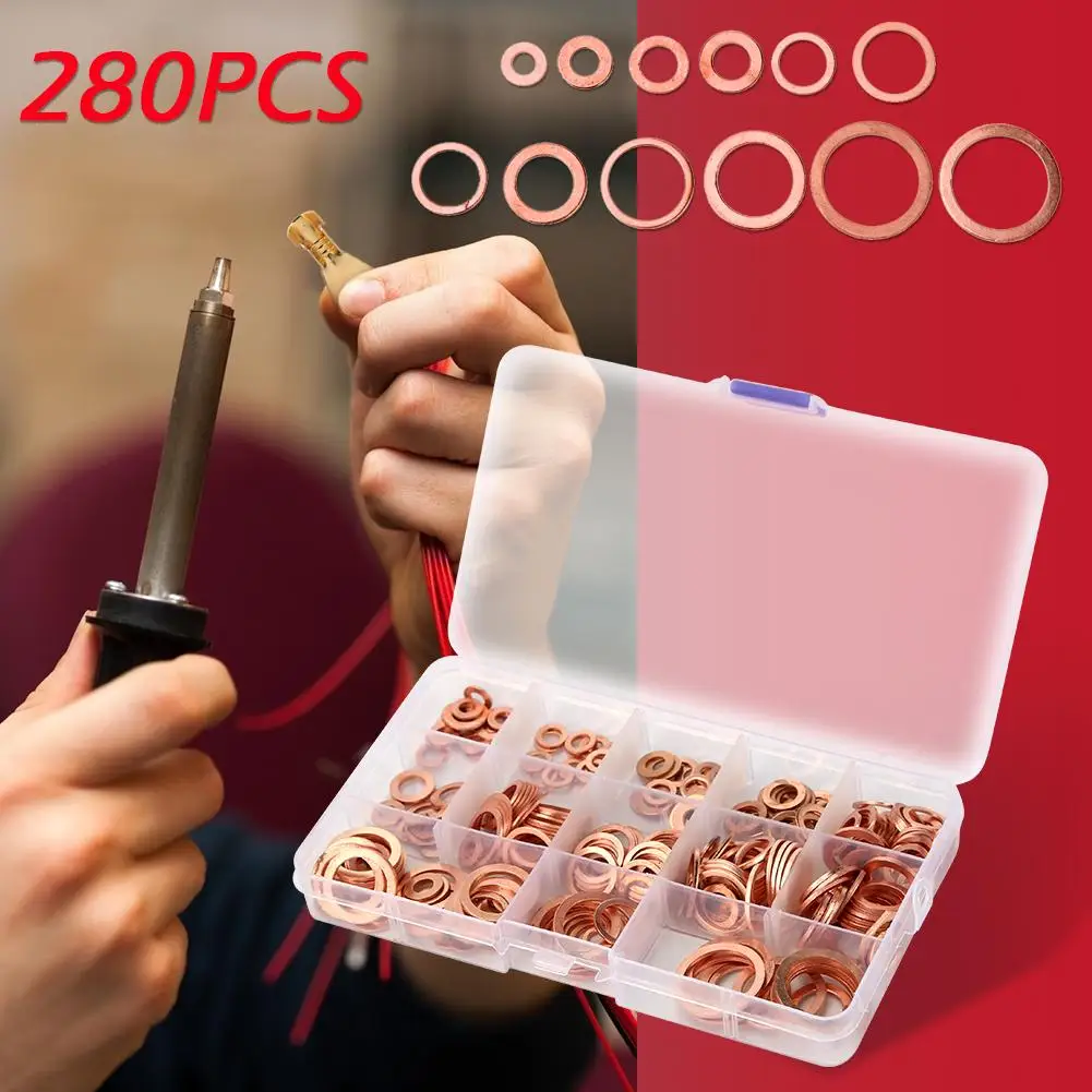 

280/150pcs Solid Copper Washer Flat Ring Gasket Sump Plug Oil Seal Fittings Plain Washer Gaskets Assortment Kit