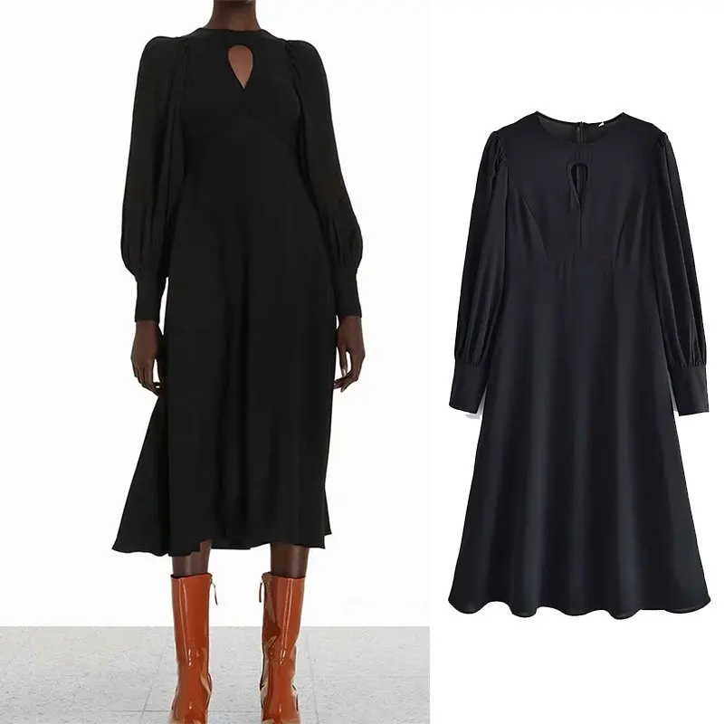 

Женское длинное платье с вырезами Za, черное винтажное повседневное облегающее платье миди с длинным рукавом, осень 2021