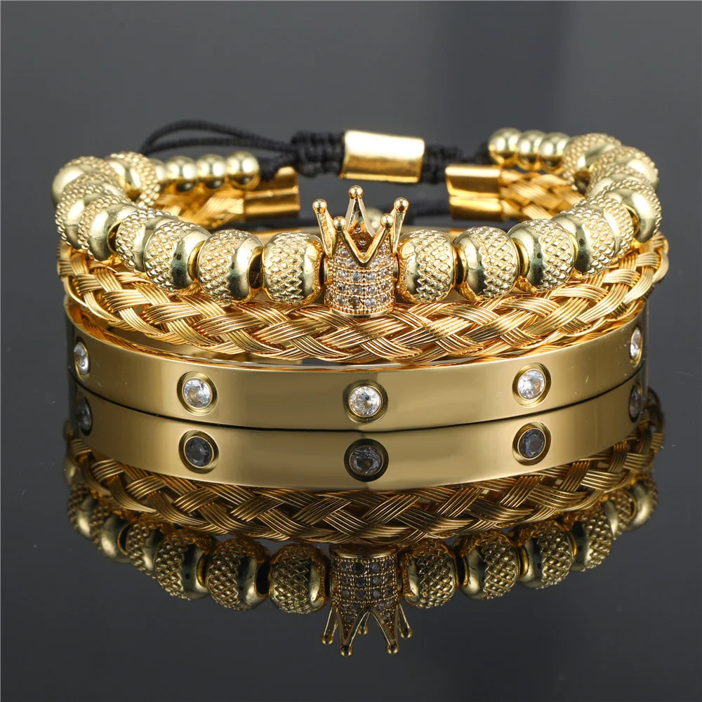 

Luxury Micro Pave CZ Crown Roman Royal Charm Men Bracelets Stainless Steel Crystals Bangles Couple Handmade Jewelry Gift