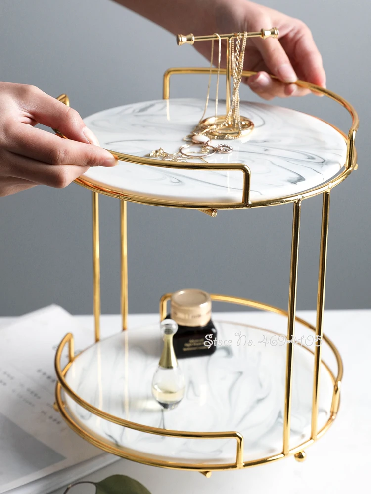 

Nordic Marble 2 Tiers Desktop Cosmetics Jewelry Storage Rack Perfume Lipstick Make Up Organizer Box Dessert Cake Display Stand