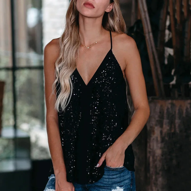 Футболка без рукавов с блестками Цвет черный серебристый Модная летняя Новинка