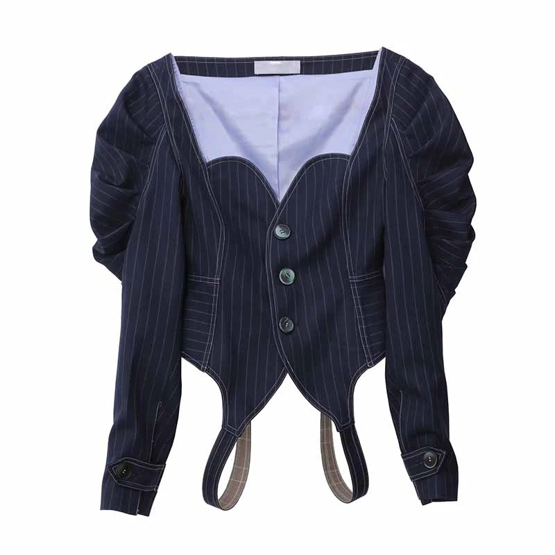 navy blue SeeBeautiful Новая мода Лето Осень простой полосатый длинный рукав однобортный ремень короткий жакет Свободное пальто для женщин N384 - Цвет: navy blue