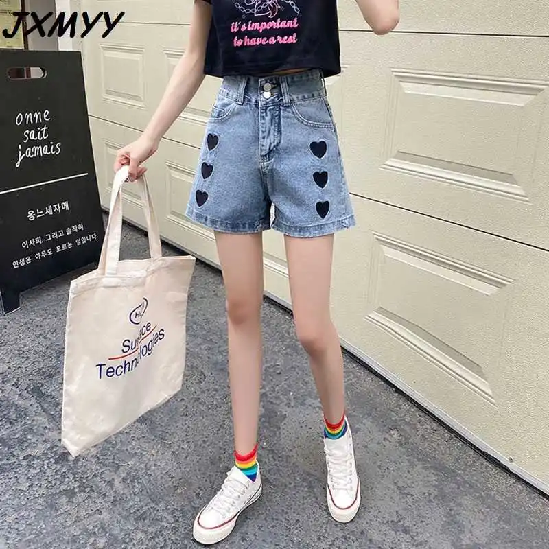 

ICCLEK Fashion women's love embroidery women's straight loose 2021 summer new design high waist short jean