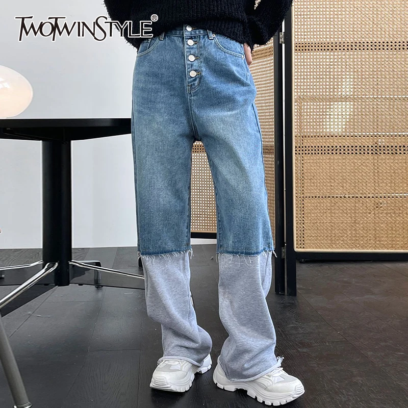 

TWOTWINSTYLE patchwork colorblock denim pants for female high waist loose women's casual Wide-legged straight trousers new 2021