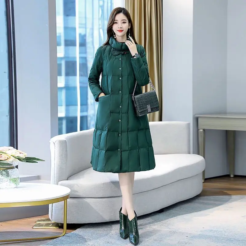 

Women 2021 Winter Fashion Loose White Duck Down Jacket Female Solid Color Warm Outwears Ladies Stand Collar Long Coats E565