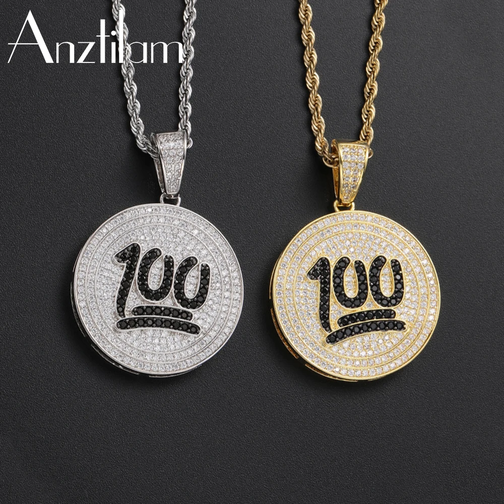 

AZ Gold Color Bling Iced Out 100 Points Couples Pendants Necklaces Paved AAA Zircon Stone for Men Rapper Goth Round Jewelry