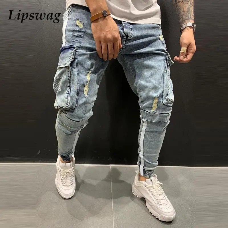 

Autumn Slim Vintage Cargo Pants Solid Fashion Patch Pocket Design Jeans Male 2021 Winter Casual Denim Trouser For Men Streetwear