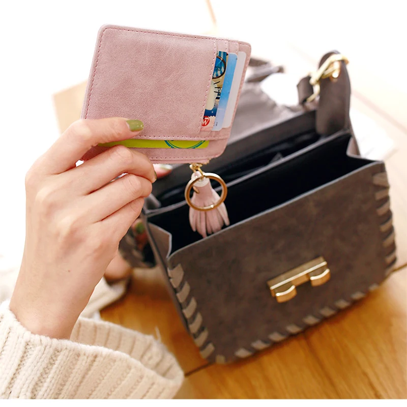 Matt Leather Mini Tassel Women Card Holder Cute Credit ID Card Holders Zipper Wallet Case Change Coin Purse Keychain Nubuck New