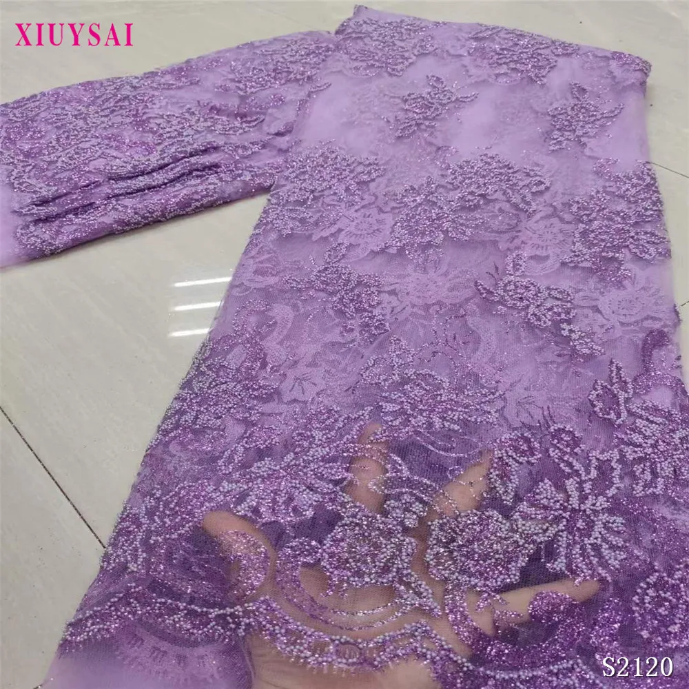 

African Tulle Lace Fabric High Quality Embroidery French Net Lace Fabric Beaded net lace glitter fabric for woman wedding P957