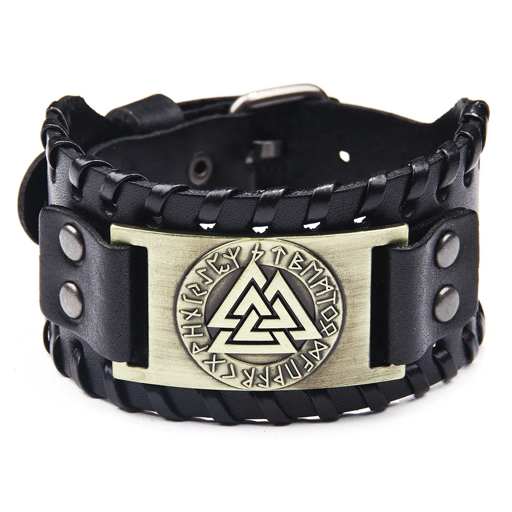 

New Vintage Nordic Viking totem Bracelet Leather Bracelet Luen letter alloy handpiece