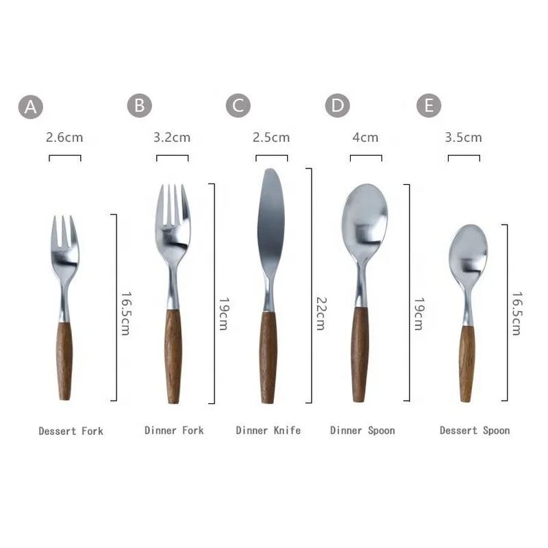 

304 Stainless Steel Natural Teak Wooden Handle Dinnerware Set Steak Knife Fork Spoon Dessert Spoon Fork Cutlery Set Tableware