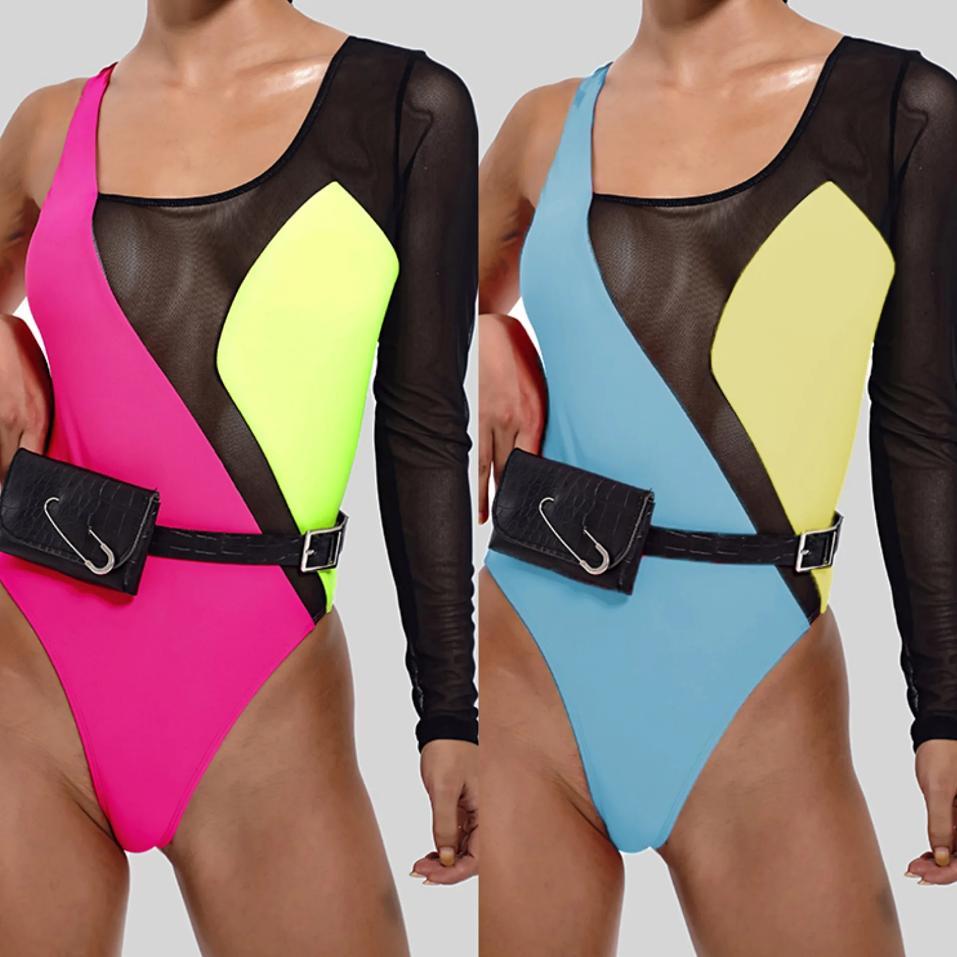 

Sexy Neon Green Patchwork Mesh One Piece Swimsuit Women Off One Shoulder Long Sleeve Beach Bathing Suit with Waist Bag Swimwear