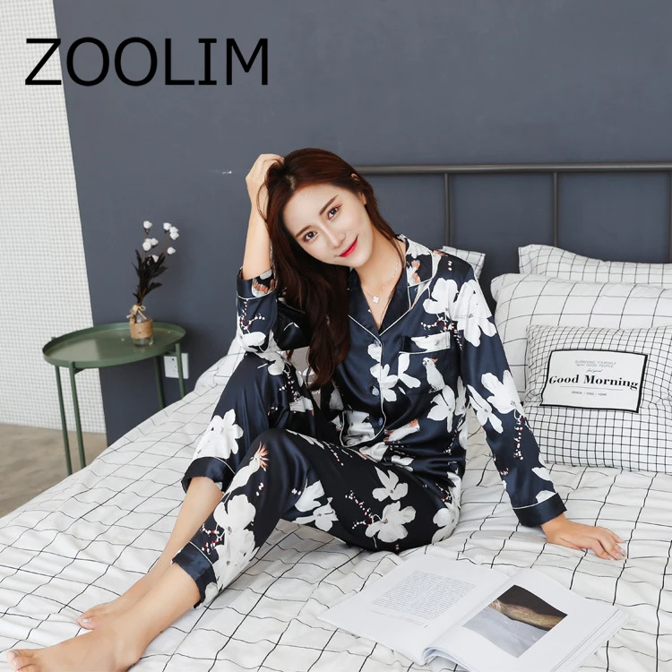 Пижама на осень и зиму атласная пижама шелковые пижамы с длинным рукавом