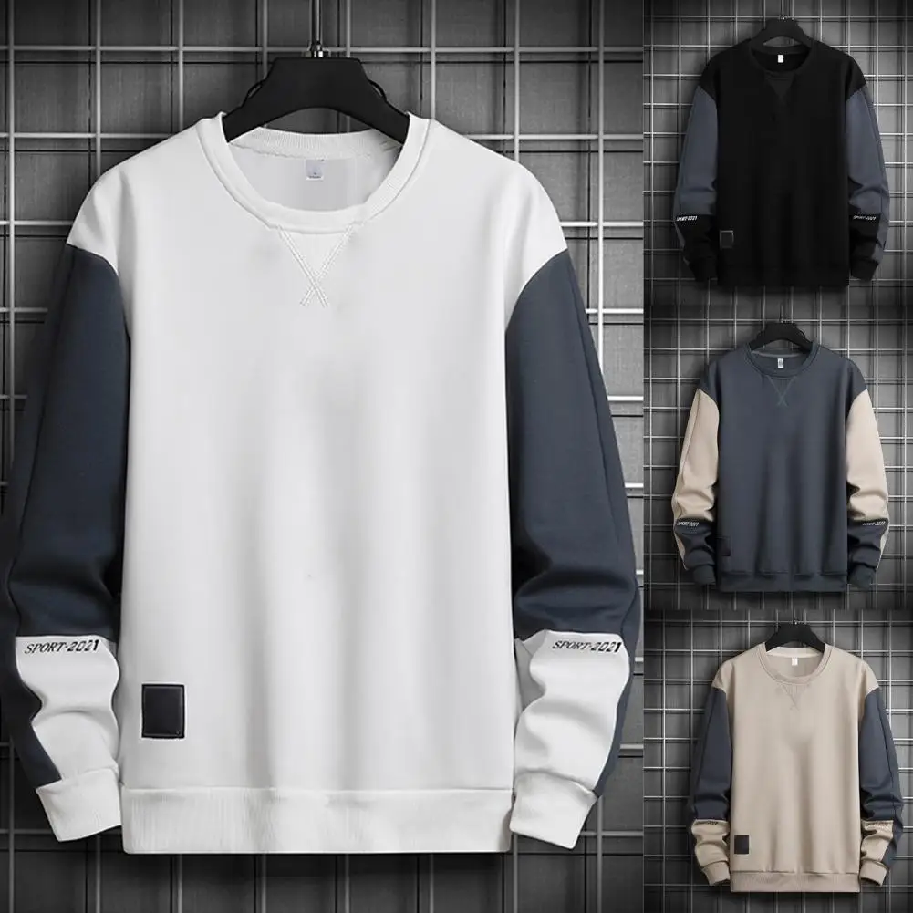 

Fashion Men's Sweatshirt Patchwork Contrast Color Round Neck Loose Casual Long Sleeve All Match Top for Streetwear Men's Clothes