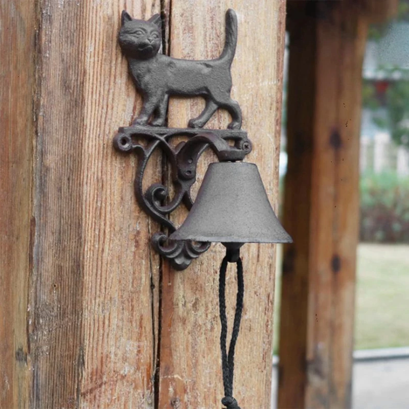 

Rustic Cat Cast Iron Garden Decor Hand Cranking Bell, Country Accents Home Wall Mounted Heavy Metal Welcome Door Bell