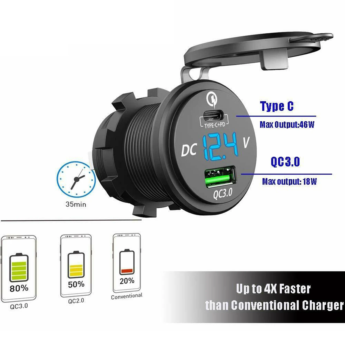 waterproof 12v 24v type c pd qc 3 0 usb car charger led voltmeter power adapter for smart phone tablet boat motorcycle new free global shipping