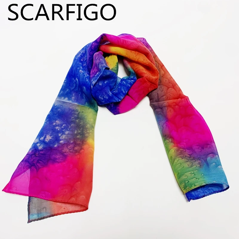 

SCARFIGO 2021 New Women Long Soft Silk Scarf Rainbow Gradient Scarves Bandana Fashion Scarf For Ladies