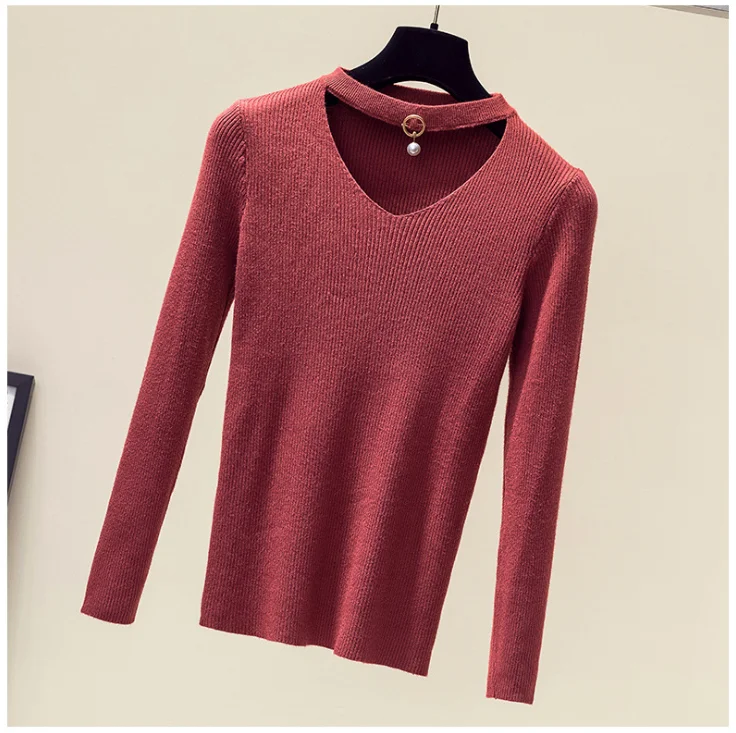 Autumn and winter plus fat large size women's V-neck pendant fashion sweater ladies slim long-sleeved bottoming shirt t Женская