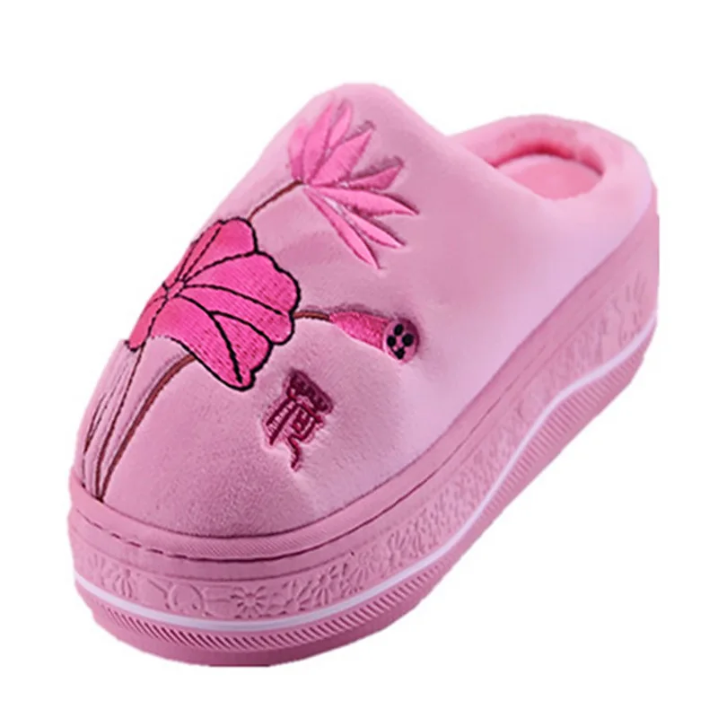 Зимние женские милые тапочки с цветочным рисунком домашняя обувь на высоком