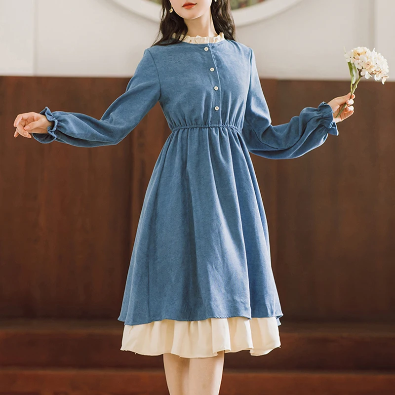 

Elegant Gothic Midi Dress Women Korean One Piece Lolita Y2K Dress Autumn Vintage Slim Long Sleeve Patchwork Evening Party Dress