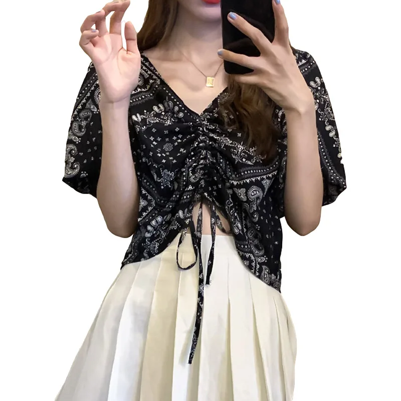 

Fashion V-neck Chiffon Short Sleeve T-shirt Woman's 2021 New Summer Drawstring Short Crop Top Female Clothing Nancylim