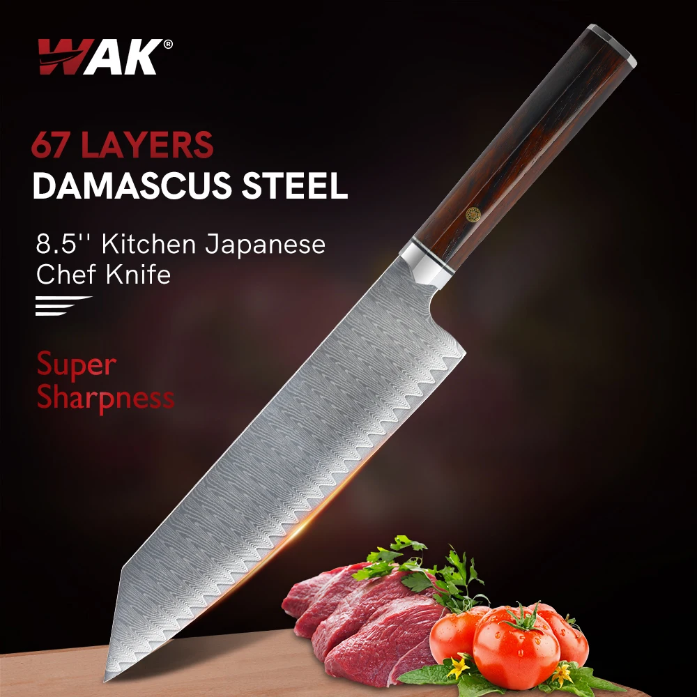 WAK Professional 67 Layers Damascus Steel Japanese Chef Knife 8.5'' Sharp Kitchen Kiritsuke Knife For Vegetables Fish Sashimi