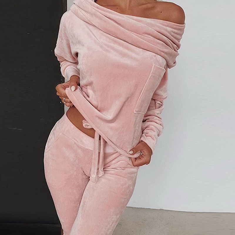 

2022 Casual Winter One Shoulder Loose Solid Color Two Piece Set Women Plus Size 5XL Long Sleeve Pink Sweatshirt Sweatpant Female