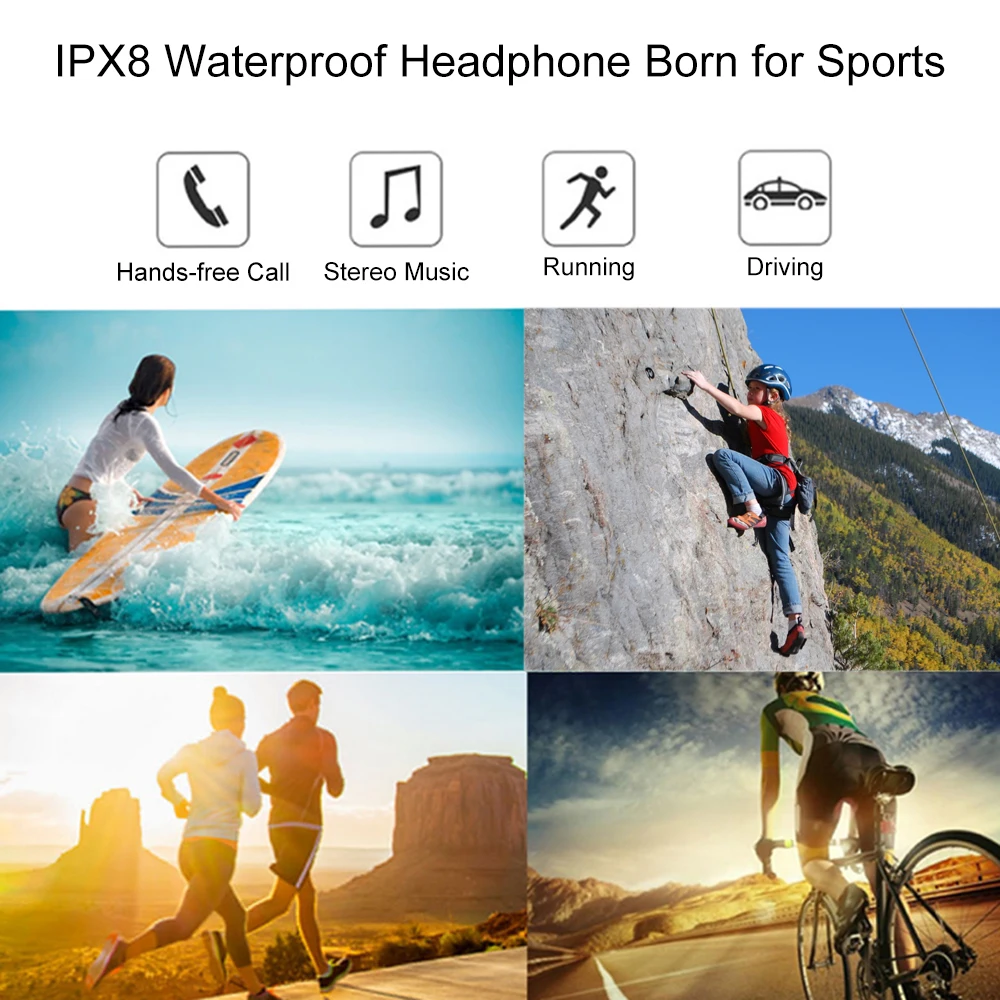 IPX8 Waterproof Sports Earphone Bluetooth Headphones CSR Wireless Stereo Headset with Microphone Bass Running | Электроника