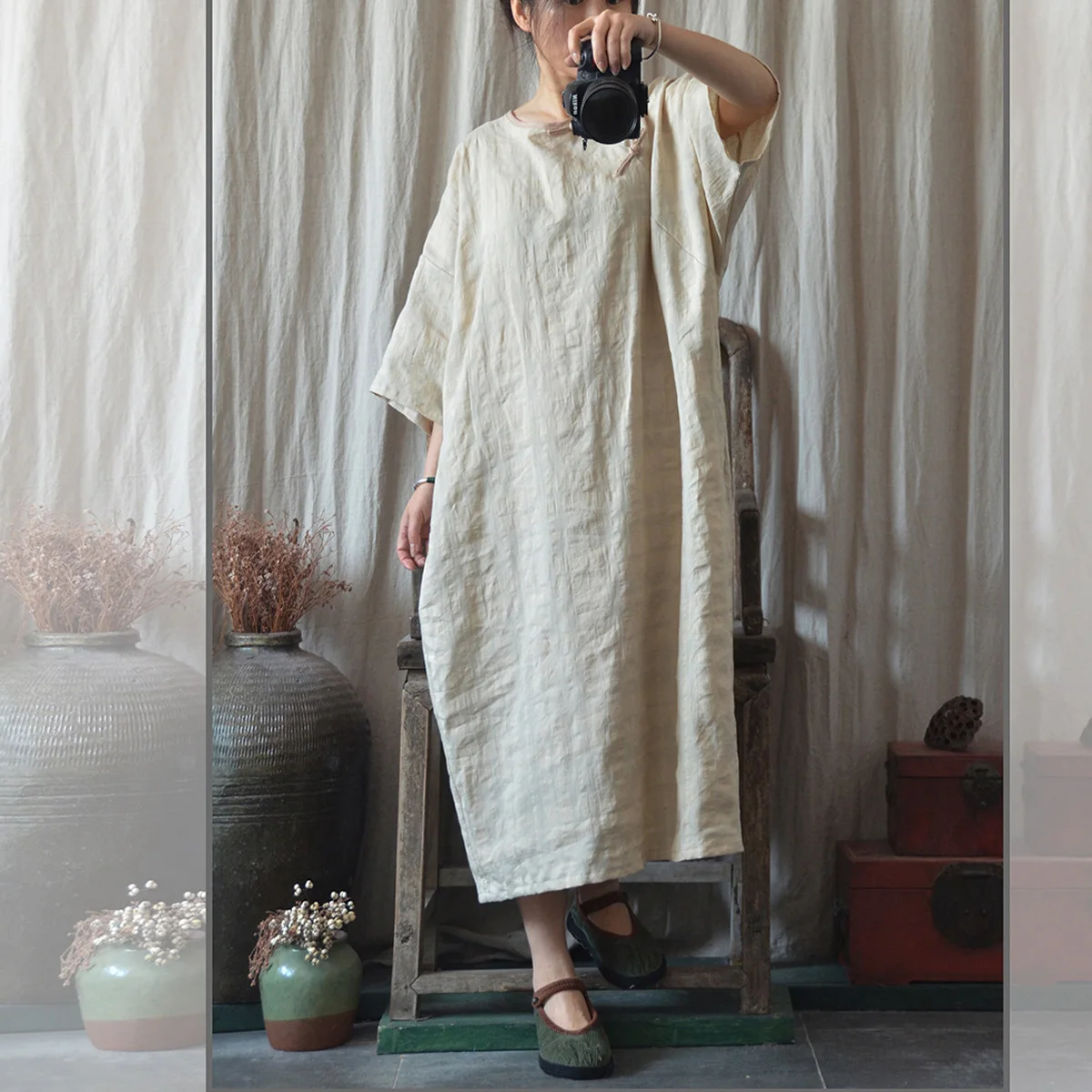 Johnature женские хлопковые льняные винтажные платья с круглым вырезом и рукавами