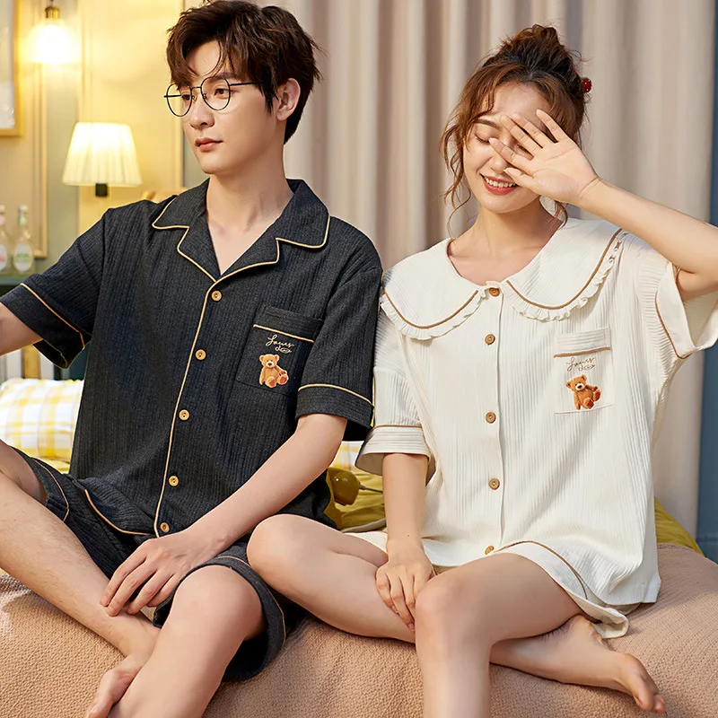 

Fashion Lovers Homedress Pajamas New Women's Short Sleeve Nightgown Lapel Sleepwear Cotton Cardigan Couples Casual Home Clothing