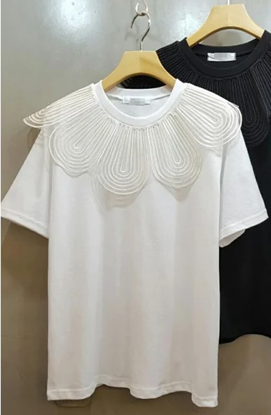 

2021 Summer New Lace Collar Stitching Short-Sleeved Tee Korean Style Loose Female Top Simple Half Sleeve Student T-shirt