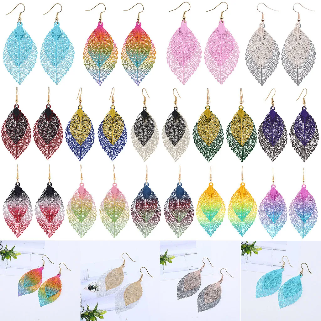 Богемные полые листья двухслойные Разноцветные серьги Женские аксессуары для