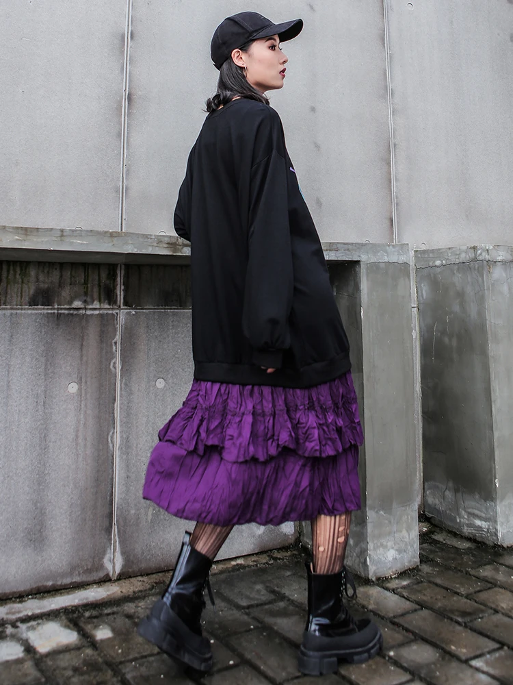 QING MO женское платье с буквенным принтом Черное лоскутное цветное Плиссированное