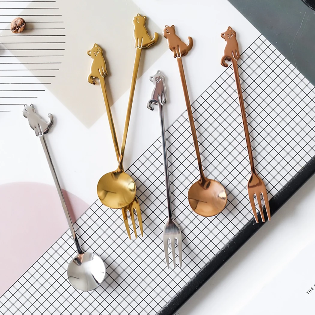 

Cute Kitten Spoon And Fork Stainless Steel Coffee Spoon Dessert Cheese Fruit Fork Food Grade Party Kitchen Tool Dropshipping