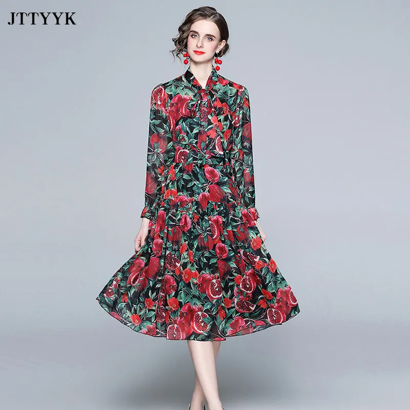 

Женские комплекты из шифоновой юбки, рубашка с бантом и принтом, Топ с длинным рукавом и юбка с высокой талией и широкой юбкой, костюм из двух...