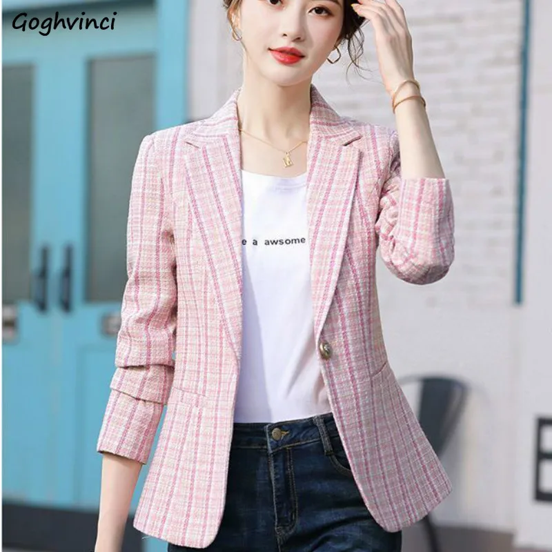 

Blazer Women British Style Slim Single-button Plaid Pocket Long-sleeve Office Lady Business Formal Elegant Oversize 4XL Outwear