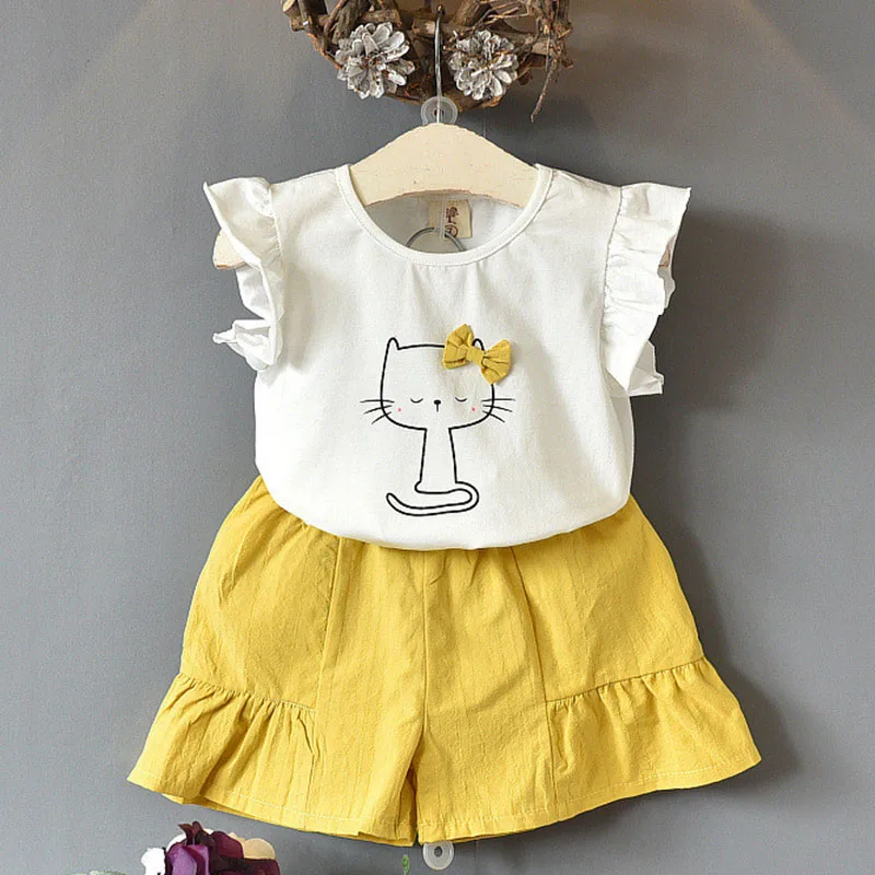 Комплект одежды с рисунком кота для девочек 2 предмета одежда маленьких 2019 г.