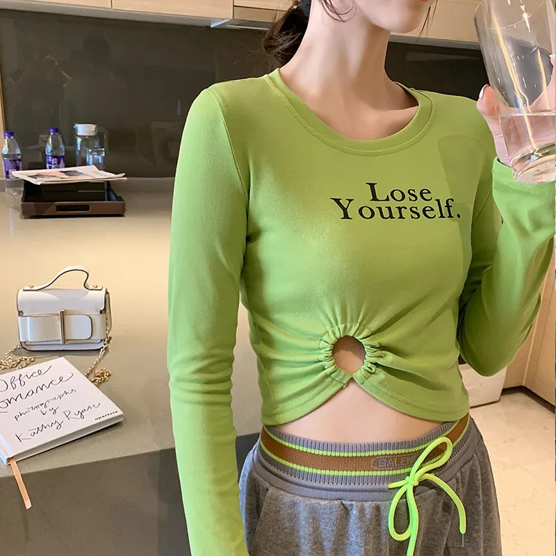 Черный/зеленый/оранжевый осень новый круглый вырез с длинными рукавами короткий