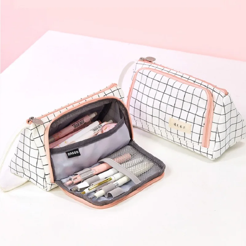

Pencil Case Stationery Bag Pen Holder School Supplies Office College Student Girl BagChristmas Gift White Plaid Stationary Pouch